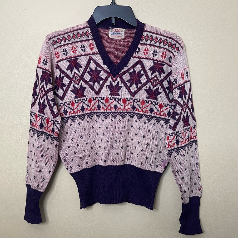 Vintage Campus Sweater Size Small V-Neck 50s Fair Isle 100% Virgin Wool